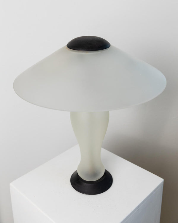 Vintage Murano Glass Table Lamp - Memphis Style, White Frosted Glass, Black Metal Details - Italy 1980s - Timeless minimal Style, Gift Idea_Bottega Jacobs
