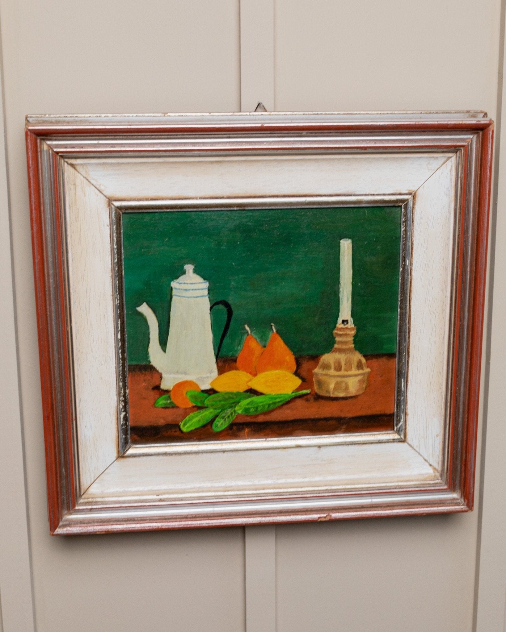 Vintage oil painting single piece - oil paint wood - original wooden frame - naive art still life - Italy 1970s - Bottega Jacobs