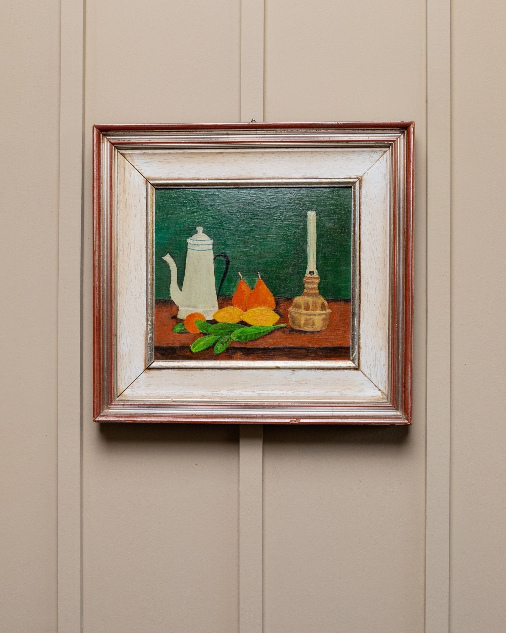 Vintage oil painting single piece - oil paint wood - original wooden frame - naive art still life - Italy 1970s - Bottega Jacobs