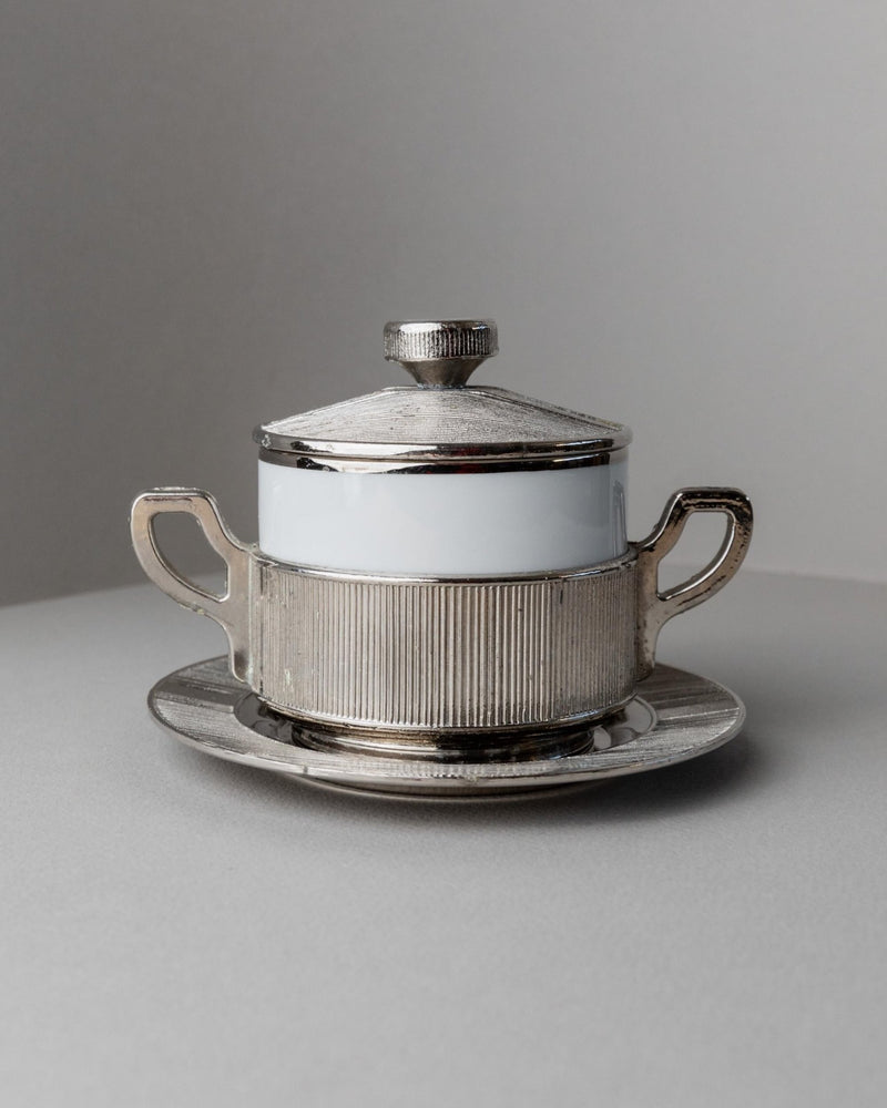 Vintage Porcelain Bowl with Lid, Silver - Plated - For Sugar, Sauces, Mustard, Jam - Monopoli Italy 50s - Elegant Table Decoration, Gift Idea_Bottega Jacobs
