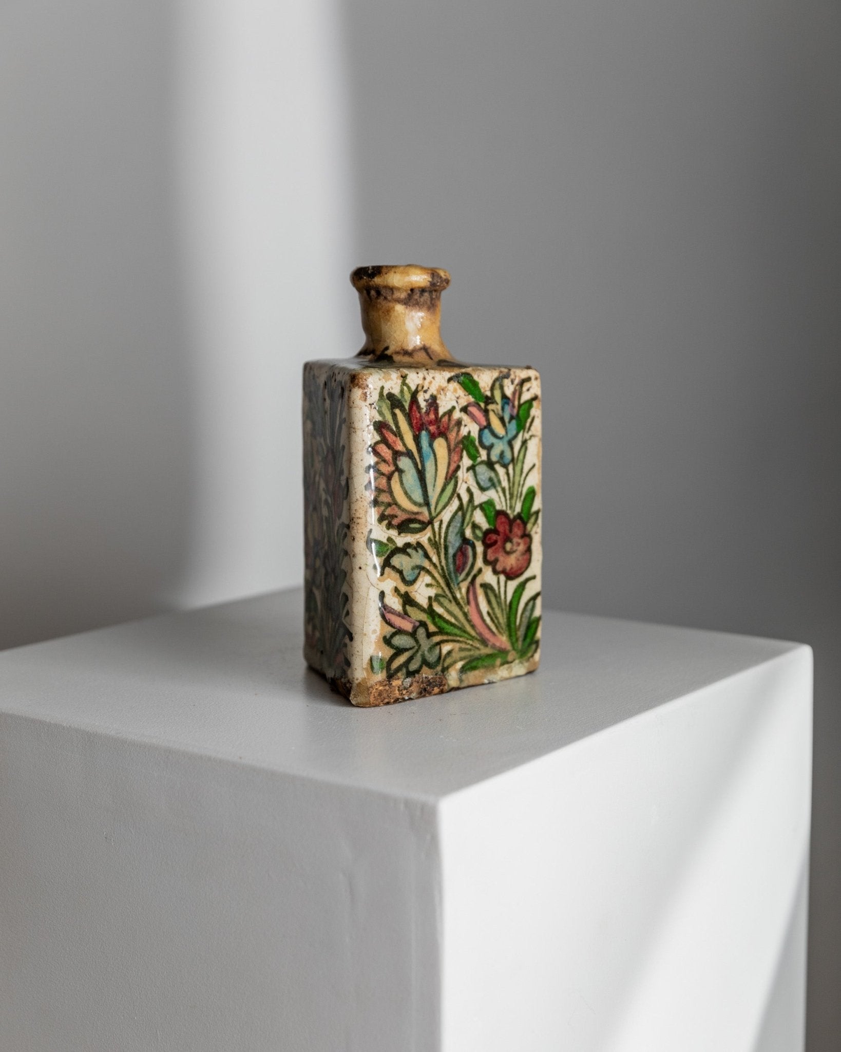 Vintage Qajar Dynasty Terracotta Bottle - Handpainted and - crafted - Triangular Shape, Iran 19th Century - Antique Treasure, Elegant Gift Idea_Bottega Jacobs