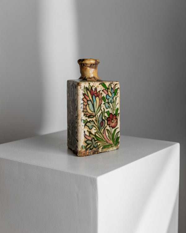 Vintage Qajar Dynasty Terracotta Bottle - Handpainted and - crafted - Triangular Shape, Iran 19th Century - Antique Treasure, Elegant Gift Idea_Bottega Jacobs