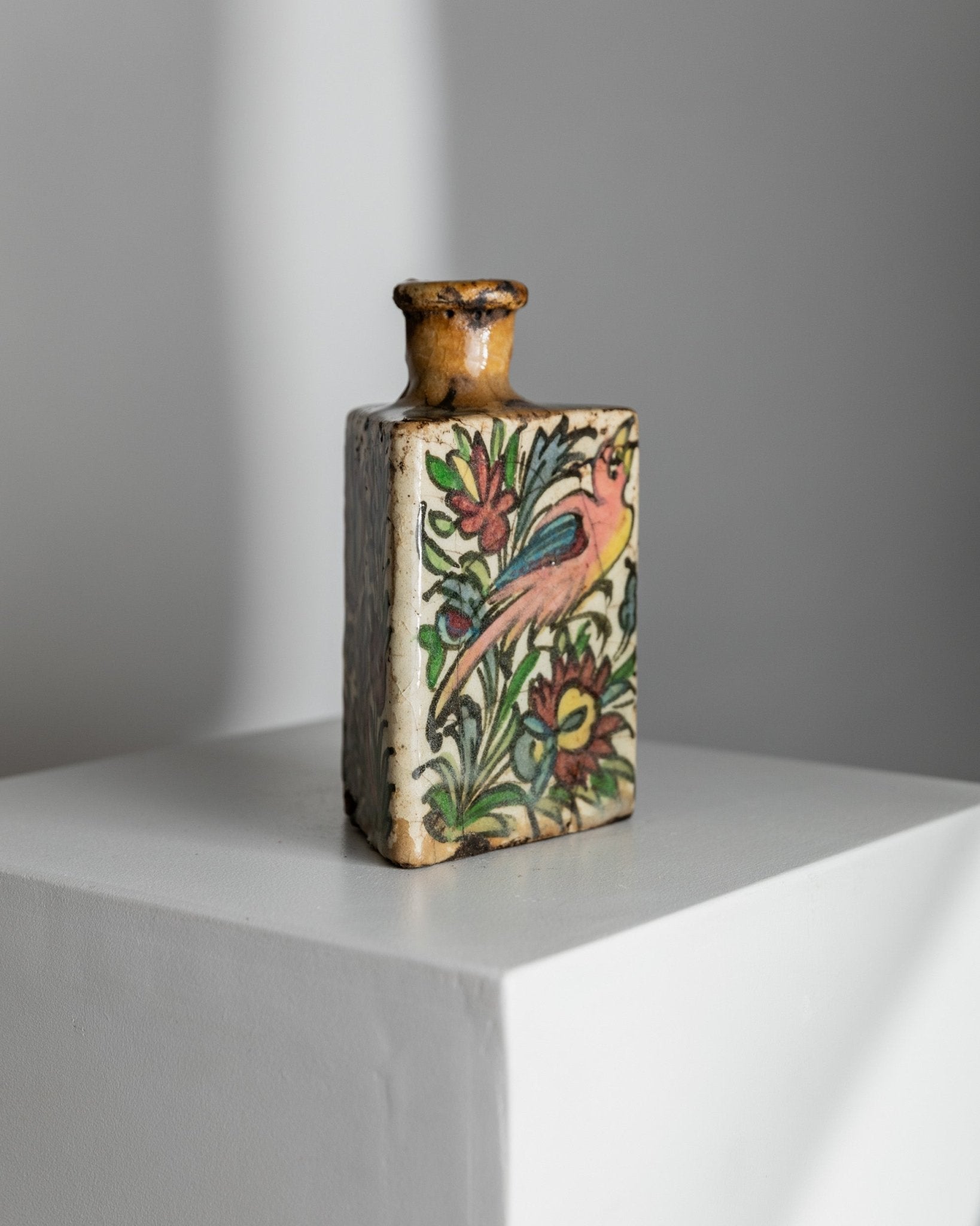 Vintage Qajar Dynasty Terracotta Bottle - Handpainted and - crafted - Triangular Shape, Iran 19th Century - Antique Treasure, Elegant Gift Idea_Bottega Jacobs