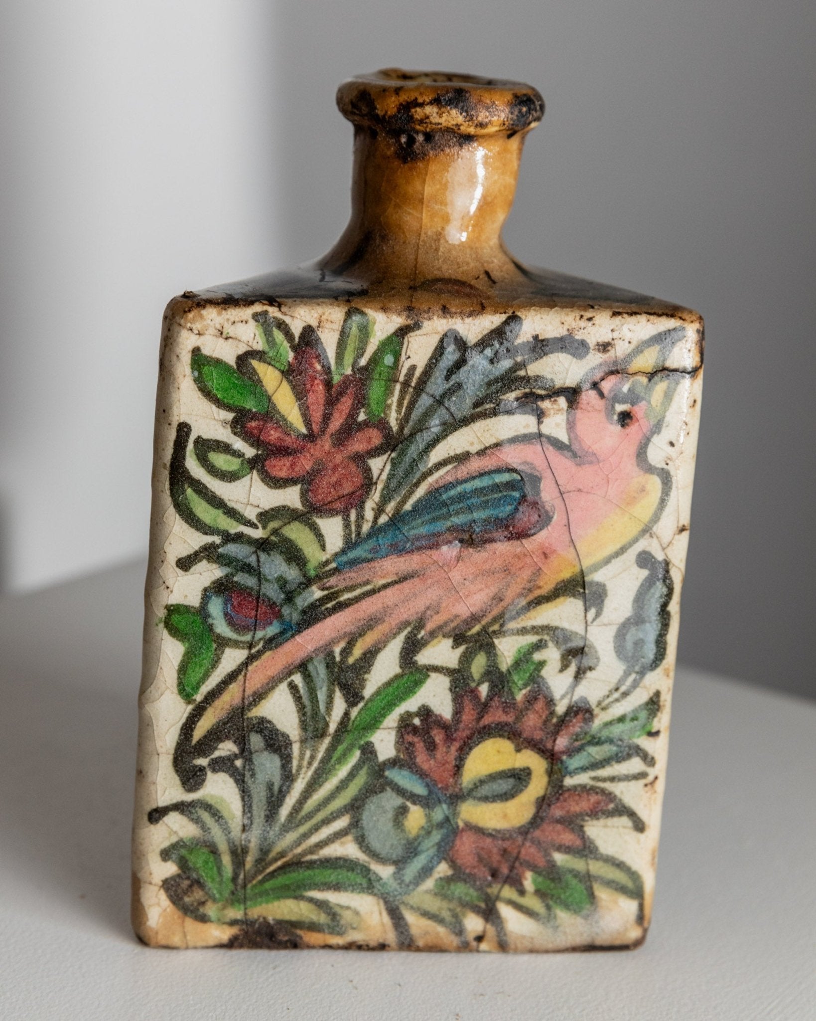 Vintage Qajar Dynasty Terracotta Bottle - Handpainted and - crafted - Triangular Shape, Iran 19th Century - Antique Treasure, Elegant Gift Idea_Bottega Jacobs
