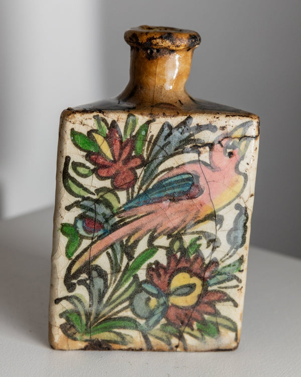 Vintage Qajar Dynasty Terracotta Bottle - Handpainted and - crafted - Triangular Shape, Iran 19th Century - Antique Treasure, Elegant Gift Idea_Bottega Jacobs