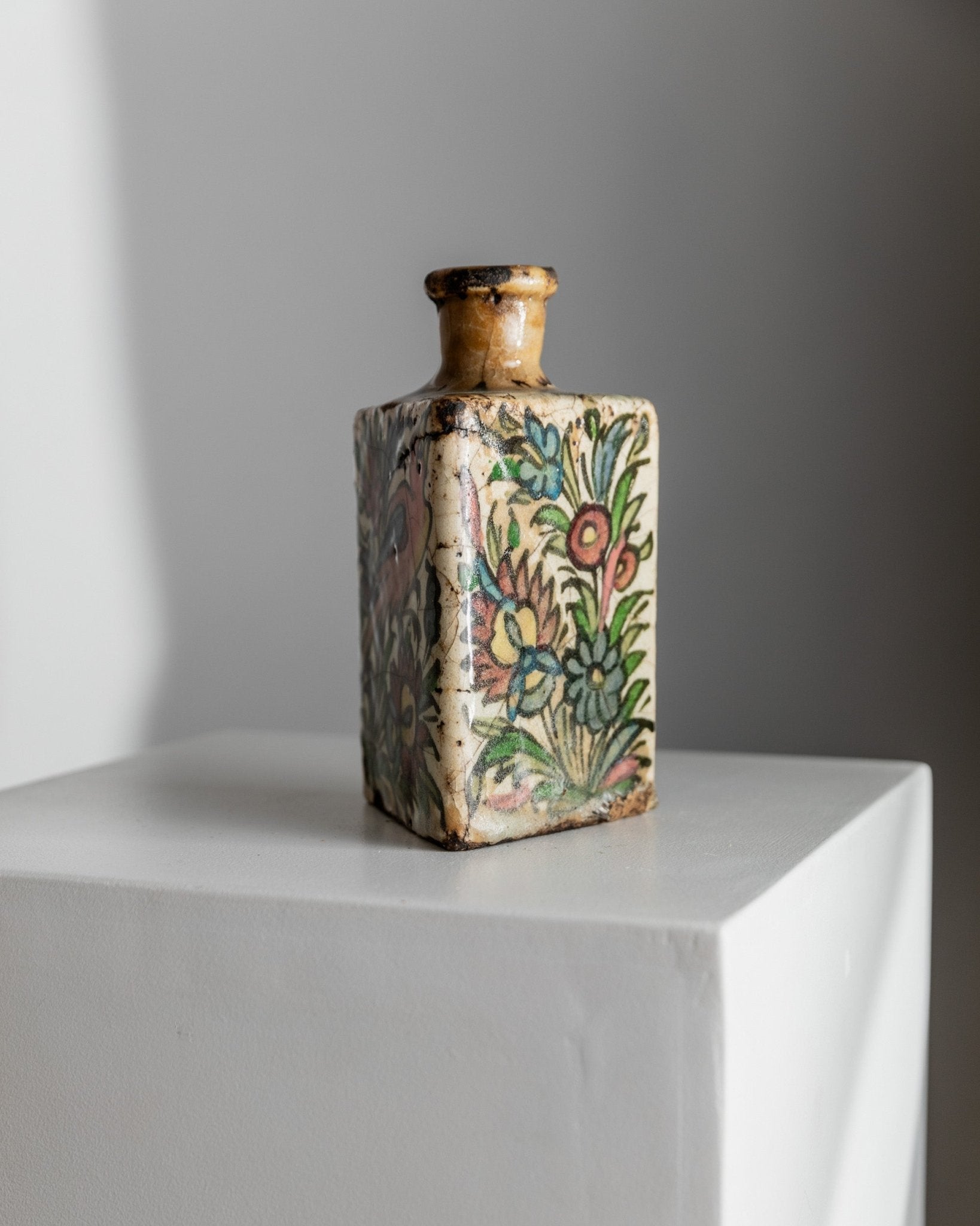 Vintage Qajar Dynasty Terracotta Bottle - Handpainted and - crafted - Triangular Shape, Iran 19th Century - Antique Treasure, Elegant Gift Idea_Bottega Jacobs