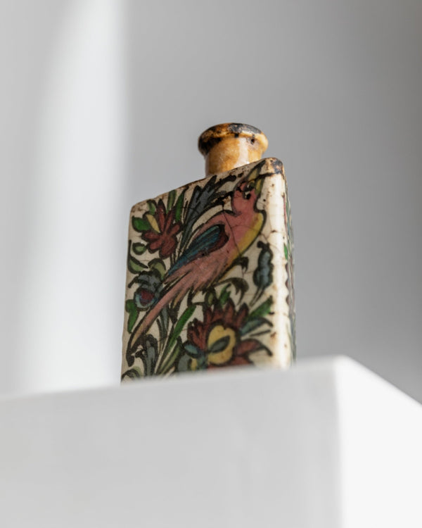 Vintage Qajar Dynasty Terracotta Bottle - Handpainted and - crafted - Triangular Shape, Iran 19th Century - Antique Treasure, Elegant Gift Idea_Bottega Jacobs