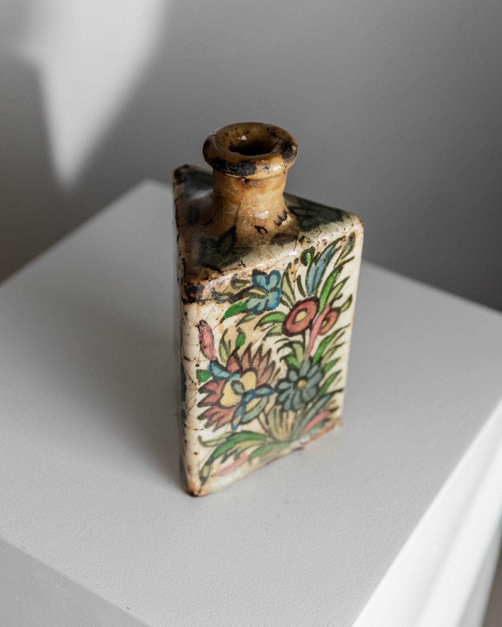 Vintage Qajar Dynasty Terracotta Bottle - Handpainted and - crafted - Triangular Shape, Iran 19th Century - Antique Treasure, Elegant Gift Idea_Bottega Jacobs