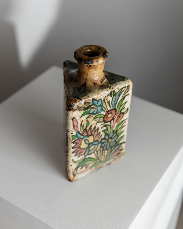 Vintage Qajar Dynasty Terracotta Bottle - Handpainted and - crafted - Triangular Shape, Iran 19th Century - Antique Treasure, Elegant Gift Idea_Bottega Jacobs