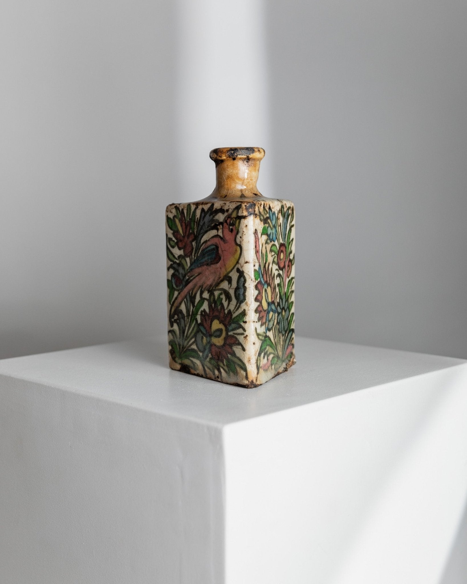 Vintage Qajar Dynasty Terracotta Bottle - Handpainted and - crafted - Triangular Shape, Iran 19th Century - Antique Treasure, Elegant Gift Idea_Bottega Jacobs