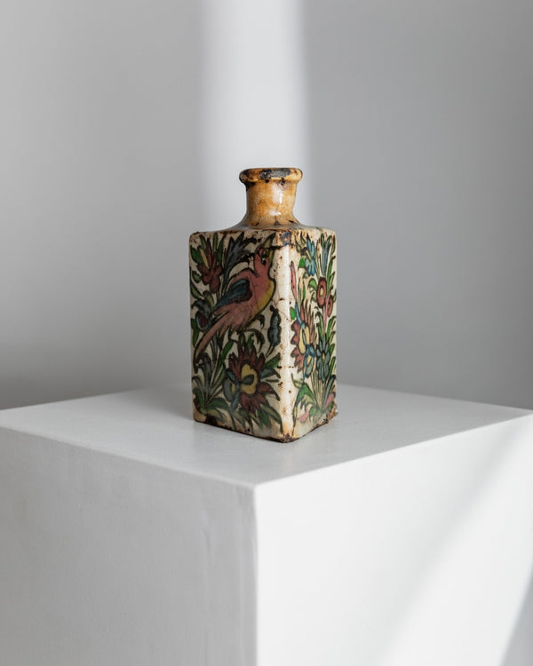Vintage Qajar Dynasty Terracotta Bottle - Handpainted and - crafted - Triangular Shape, Iran 19th Century - Antique Treasure, Elegant Gift Idea_Bottega Jacobs
