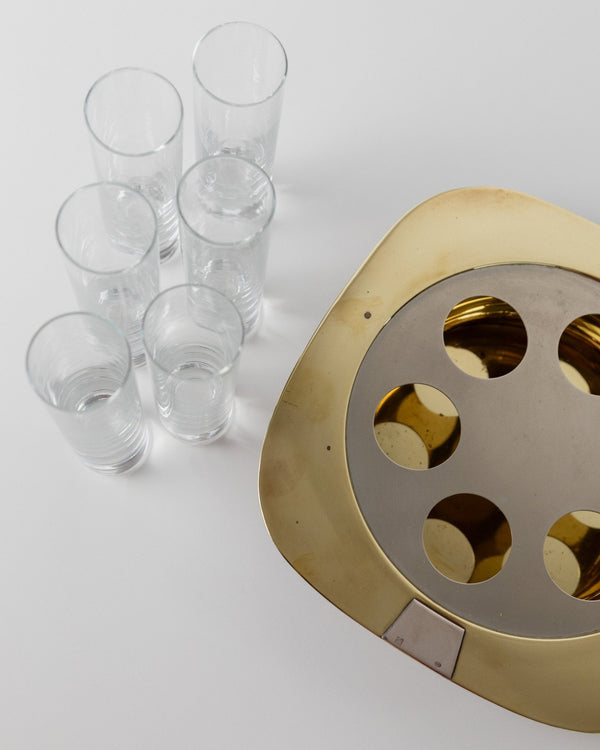 Vintage set shot glasses and tray, brass and silver - Mid Century Design Italy 70s - 6 drinking glasses, matching tray, elegant gift - Bottega Jacobs