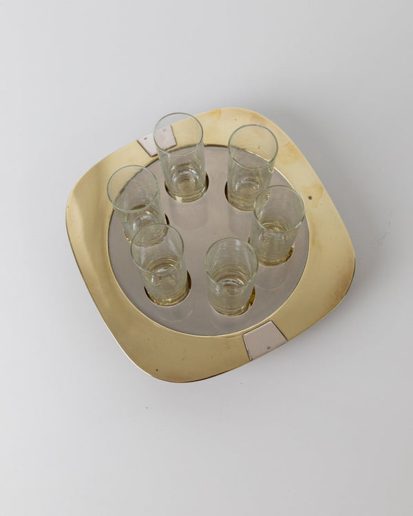 Vintage set shot glasses and tray, brass and silver - Mid Century Design Italy 70s - 6 drinking glasses, matching tray, elegant gift - Bottega Jacobs