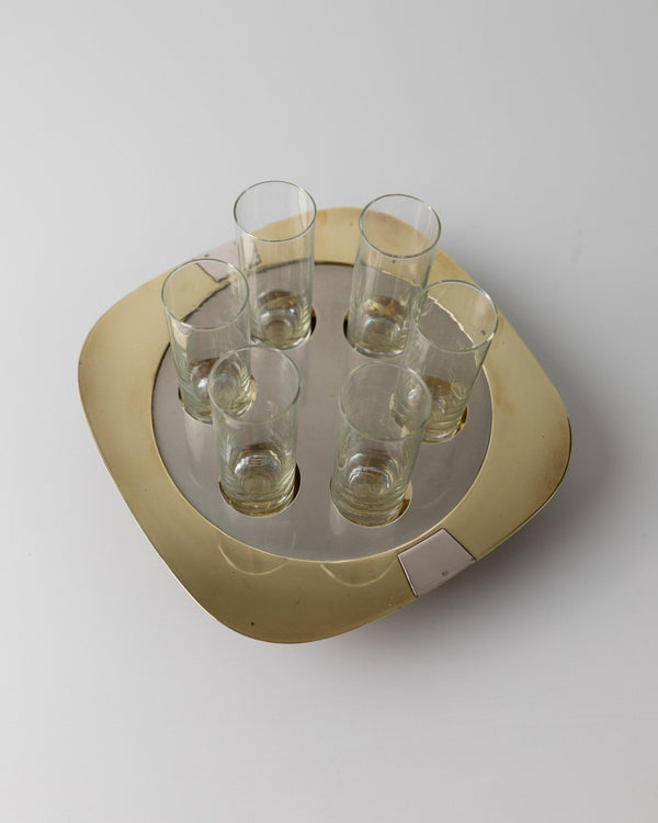 Vintage set shot glasses and tray, brass and silver - Mid Century Design Italy 70s - 6 drinking glasses, matching tray, elegant gift - Bottega Jacobs