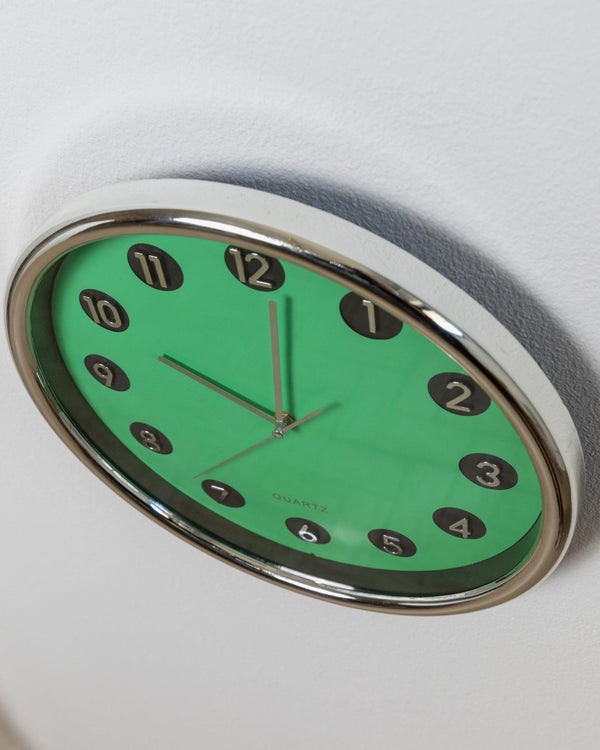 Vintage Space Age Wall Clock in Green - Poppy Design, Chrome Details, Raised Numerals, Wall Art - Italy 1970s - elegant, Unique Gift Idea_Bottega Jacobs