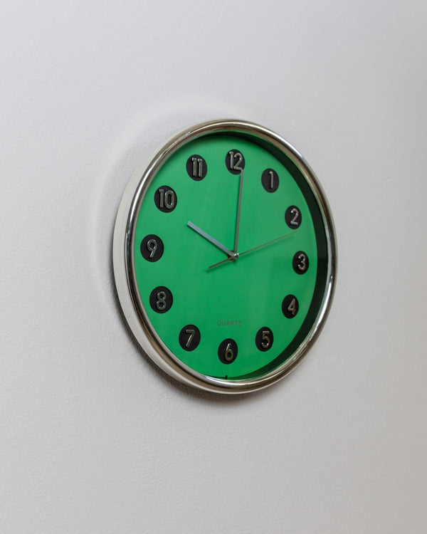 Vintage Space Age Wall Clock in Green - Poppy Design, Chrome Details, Raised Numerals, Wall Art - Italy 1970s - elegant, Unique Gift Idea_Bottega Jacobs