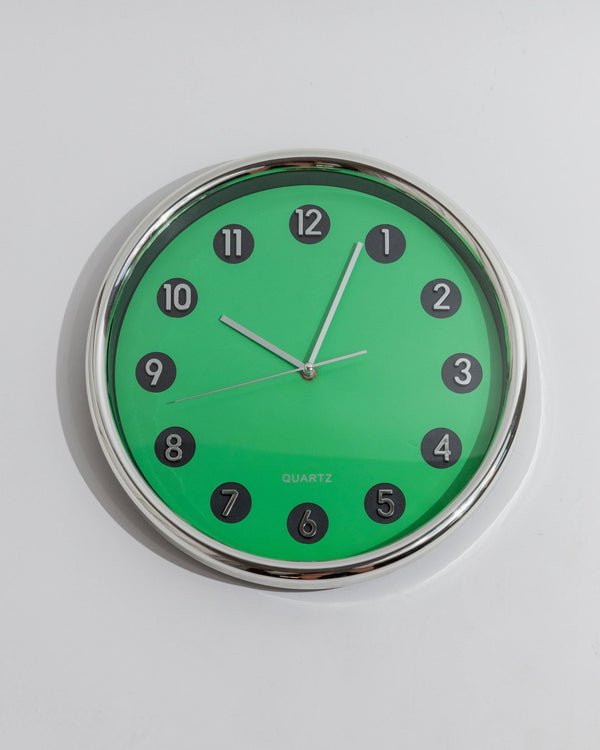 Vintage Space Age Wall Clock in Green - Poppy Design, Chrome Details, Raised Numerals, Wall Art - Italy 1970s - elegant, Unique Gift Idea_Bottega Jacobs