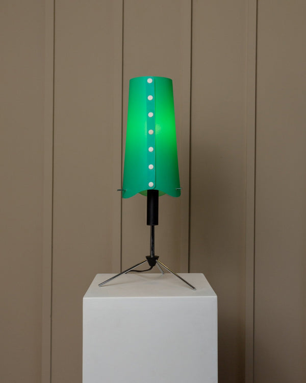 Vintage table lamp 1980s Memphis style Italy, adjustable metal frame in black and chrome, lampshade with knobs - Bottega Jacobs