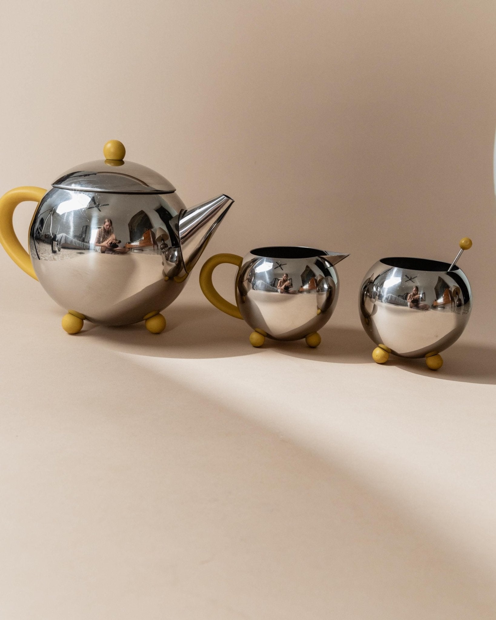 Vintage Tea, Coffee Set - Teapot, Milk Jug, Sugar Bowl, Spherical Space Age Design, Stainless Steel with Yellow Details 80s, Gift Idea Retro_Bottega Jacobs