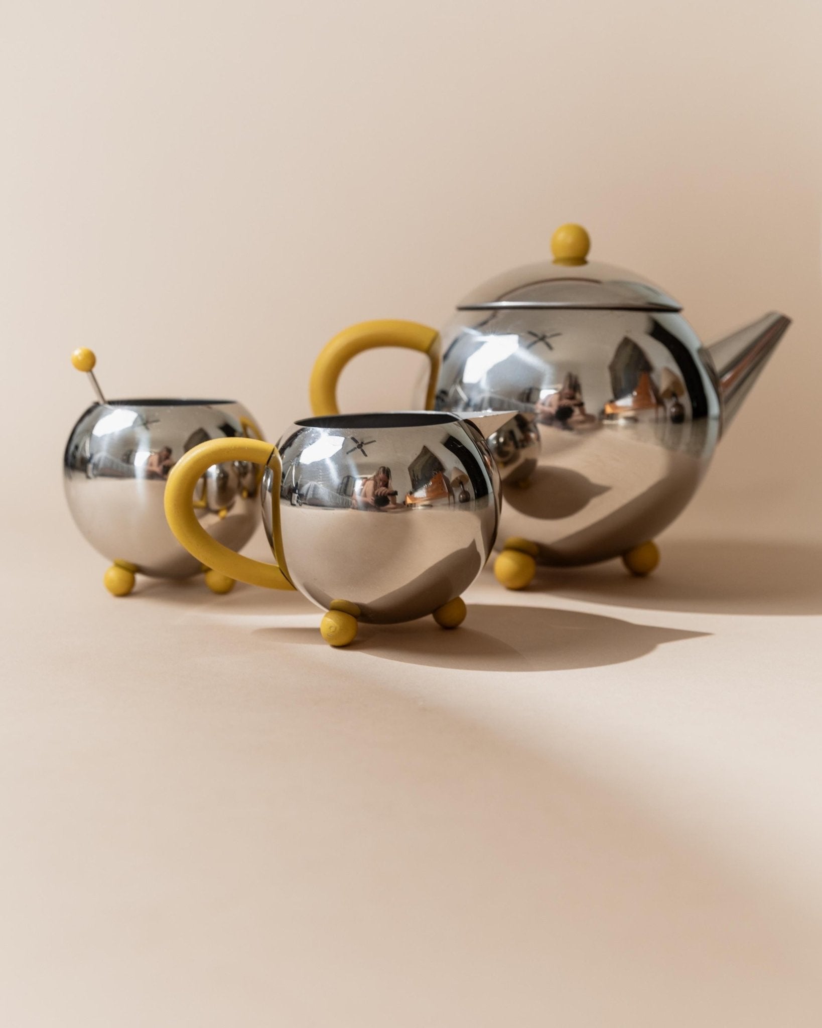 Vintage Tea, Coffee Set - Teapot, Milk Jug, Sugar Bowl, Spherical Space Age Design, Stainless Steel with Yellow Details 80s, Gift Idea Retro_Bottega Jacobs