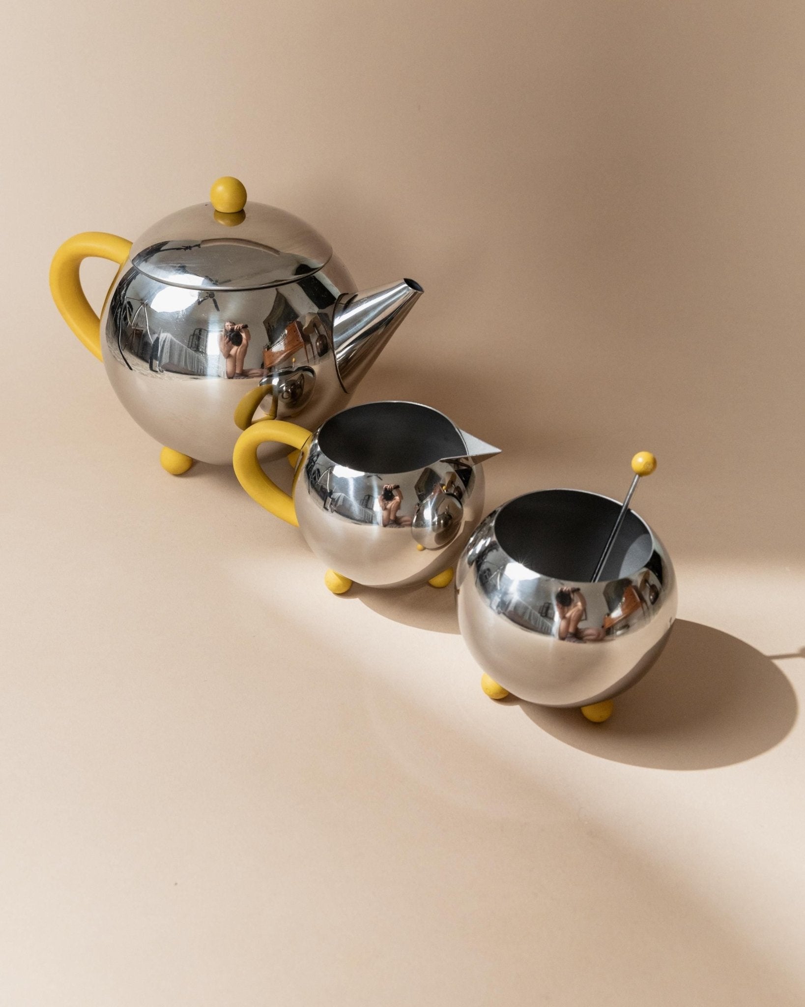 Vintage Tea, Coffee Set - Teapot, Milk Jug, Sugar Bowl, Spherical Space Age Design, Stainless Steel with Yellow Details 80s, Gift Idea Retro_Bottega Jacobs