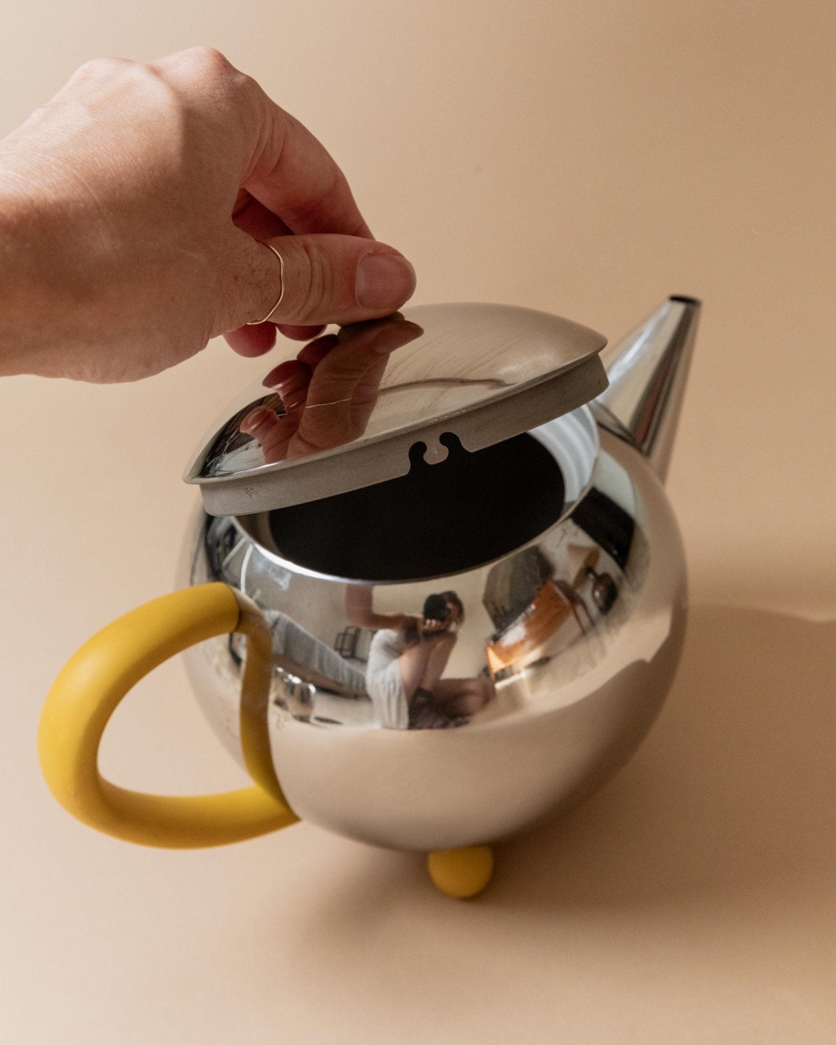 Vintage Tea, Coffee Set - Teapot, Milk Jug, Sugar Bowl, Spherical Space Age Design, Stainless Steel with Yellow Details 80s, Gift Idea Retro_Bottega Jacobs