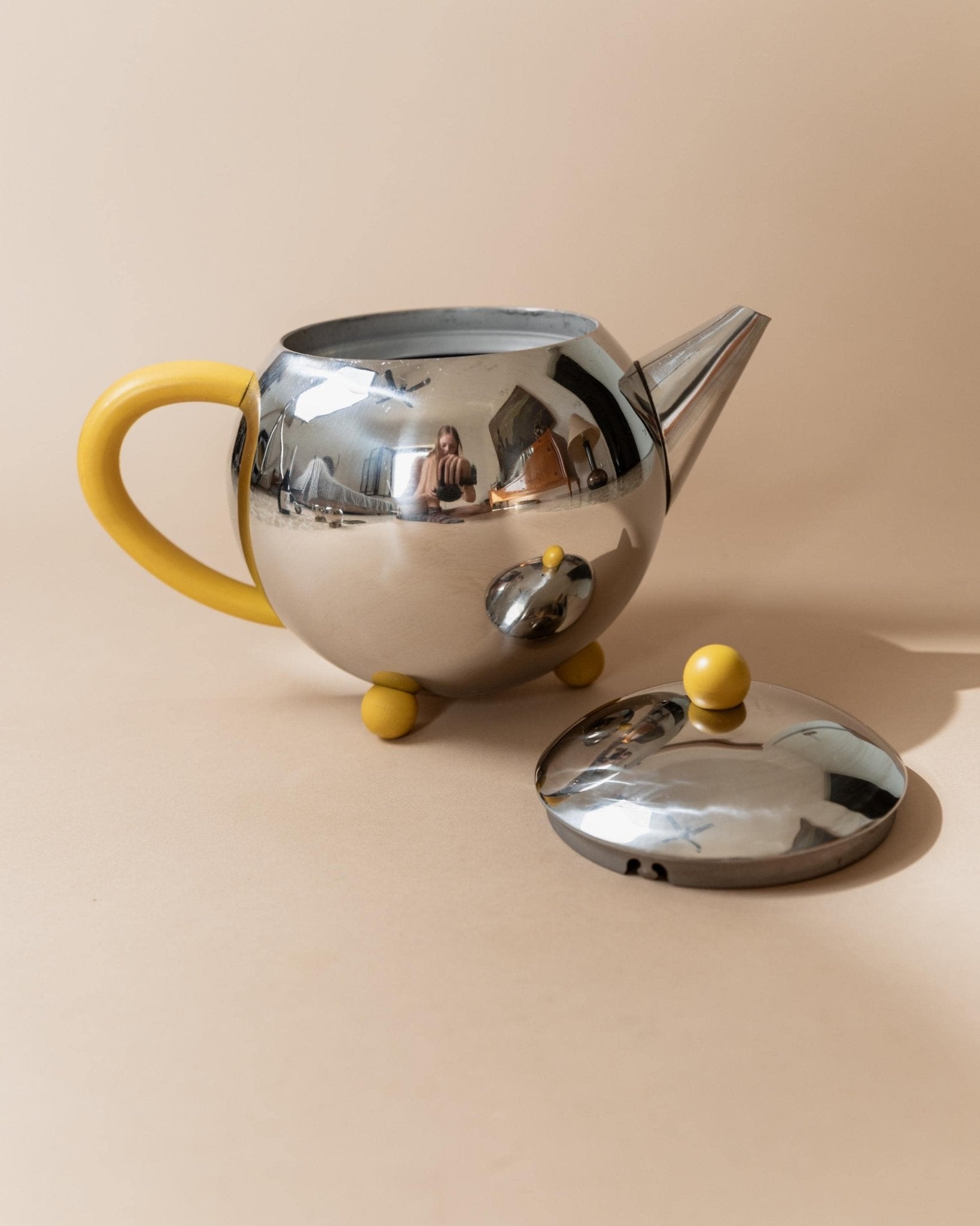 Vintage Tea, Coffee Set - Teapot, Milk Jug, Sugar Bowl, Spherical Space Age Design, Stainless Steel with Yellow Details 80s, Gift Idea Retro_Bottega Jacobs