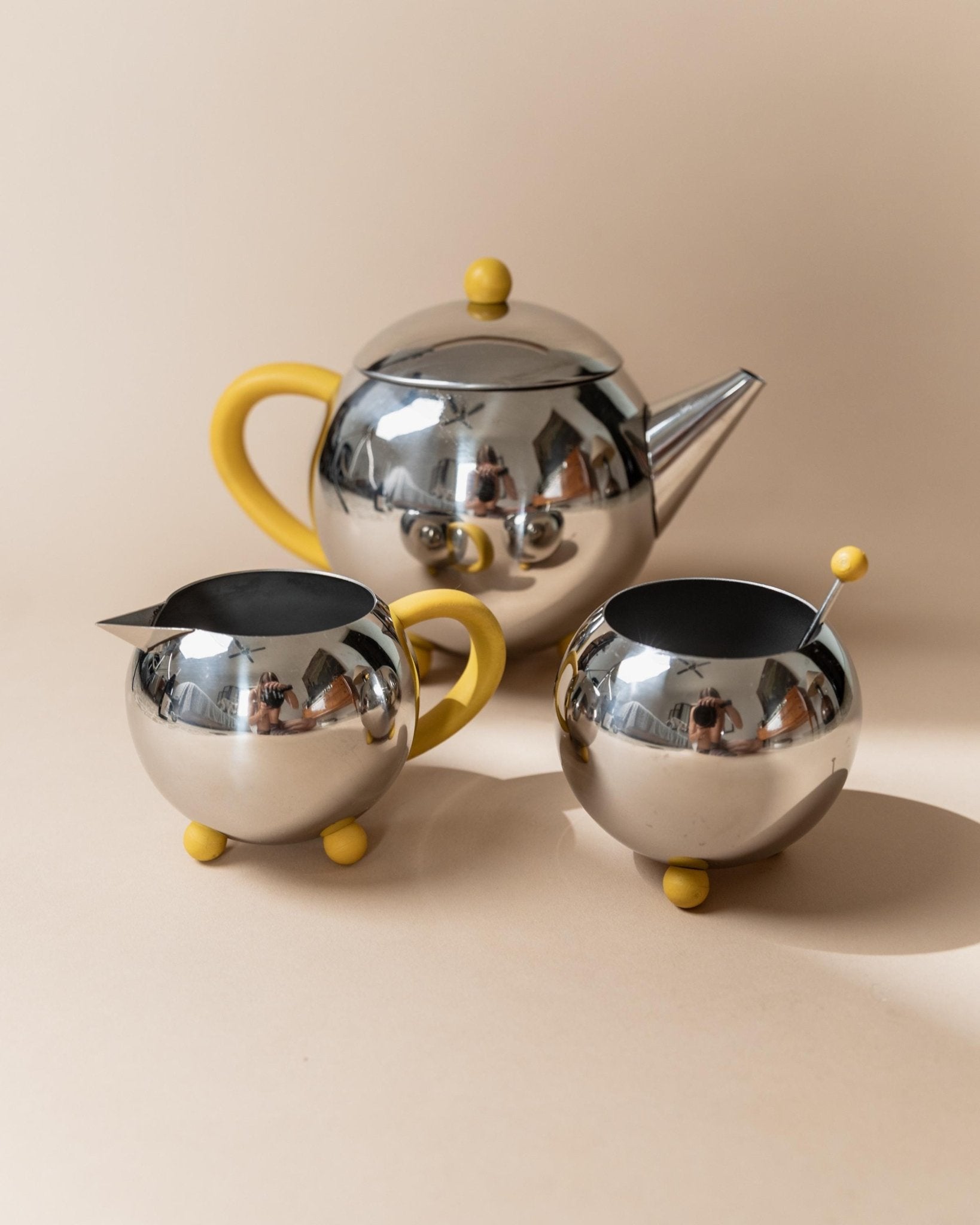 Vintage Tea, Coffee Set - Teapot, Milk Jug, Sugar Bowl, Spherical Space Age Design, Stainless Steel with Yellow Details 80s, Gift Idea Retro_Bottega Jacobs