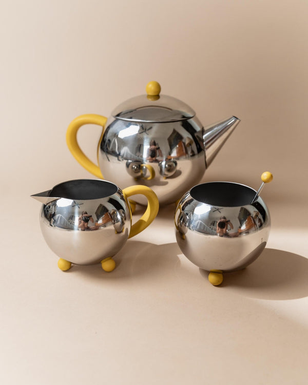 Vintage Tea, Coffee Set - Teapot, Milk Jug, Sugar Bowl, Spherical Space Age Design, Stainless Steel with Yellow Details 80s, Gift Idea Retro_Bottega Jacobs