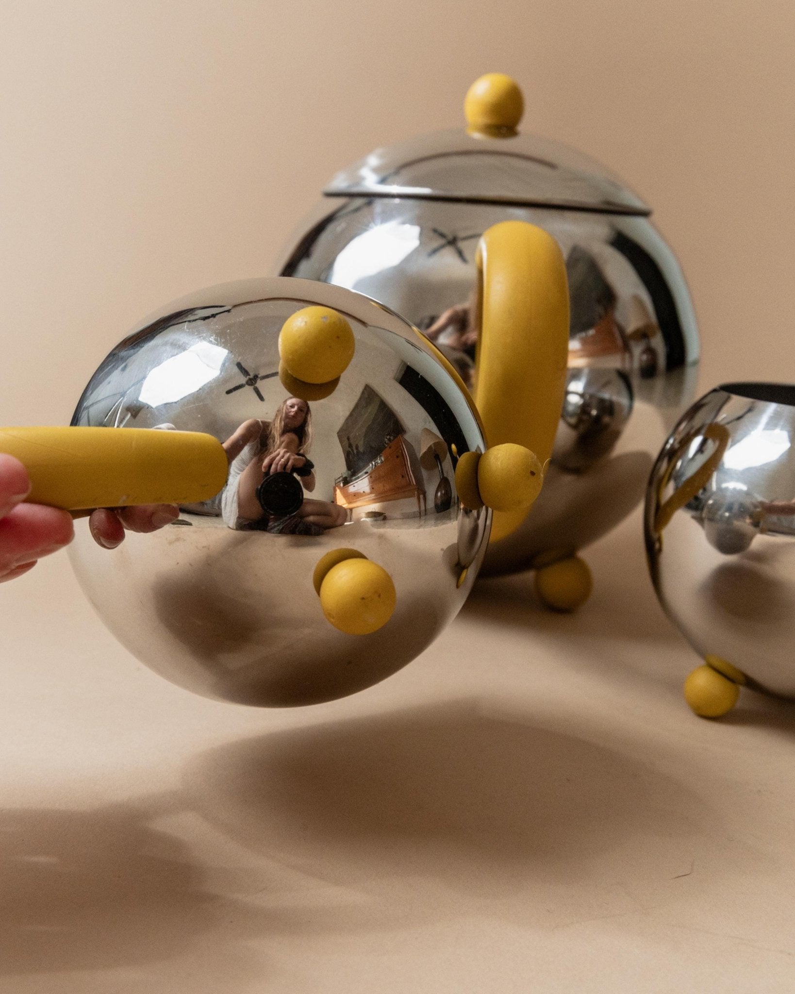 Vintage Tea, Coffee Set - Teapot, Milk Jug, Sugar Bowl, Spherical Space Age Design, Stainless Steel with Yellow Details 80s, Gift Idea Retro_Bottega Jacobs
