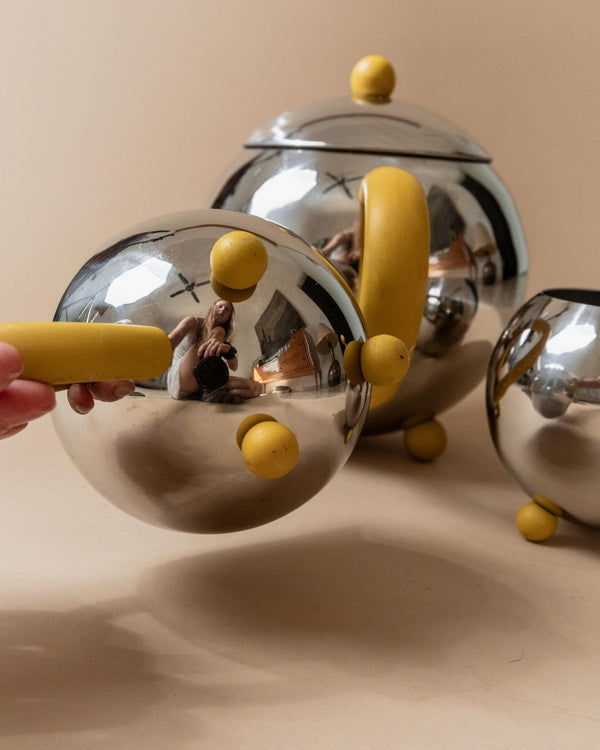 Vintage Tea, Coffee Set - Teapot, Milk Jug, Sugar Bowl, Spherical Space Age Design, Stainless Steel with Yellow Details 80s, Gift Idea Retro_Bottega Jacobs