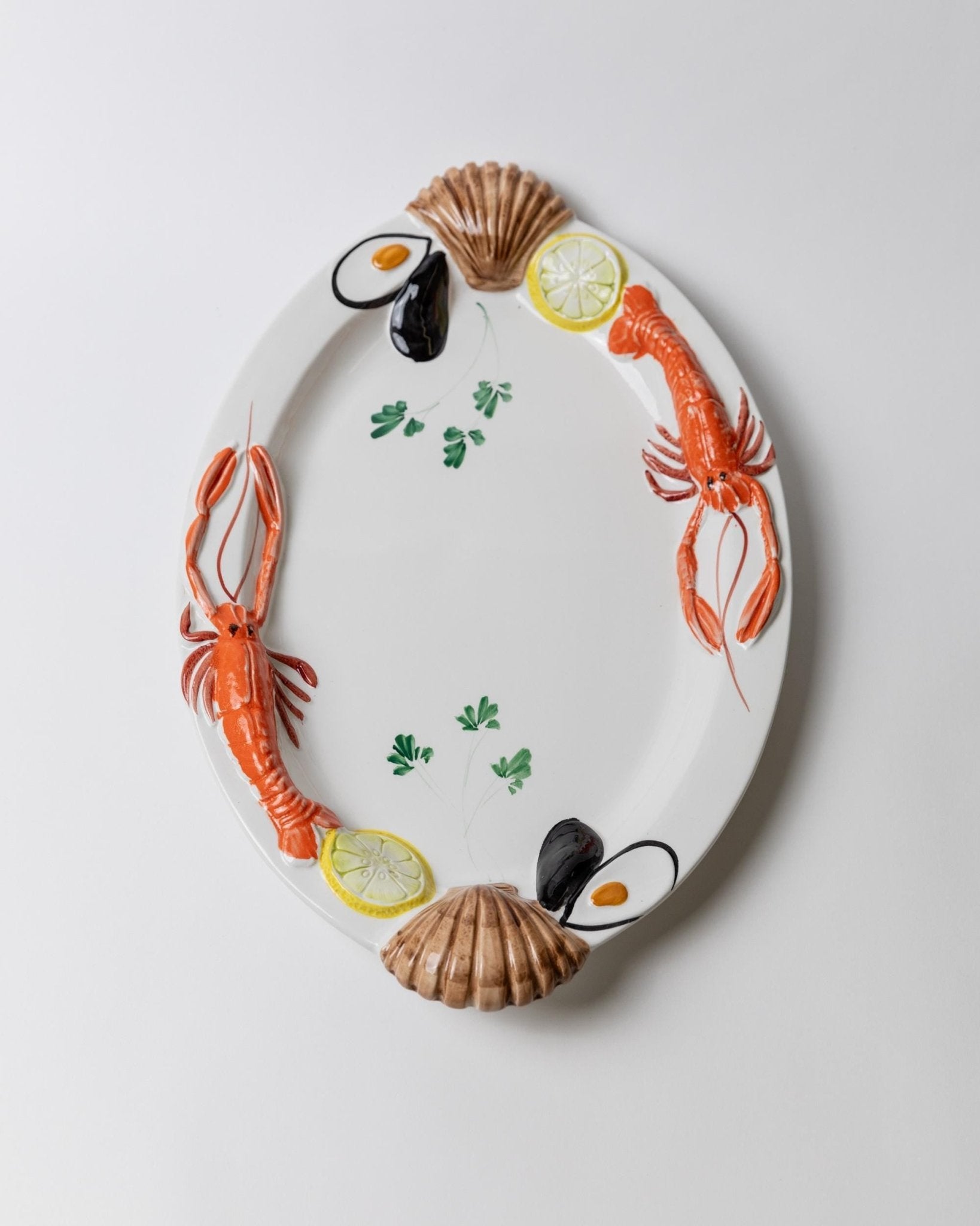 XL Oval Vintage Ceramic Seafood Plate - White with Relief of Seafood - Design by Siro Italy 1980s - Stylish Table Decoration, Gift Idea_Bottega Jacobs