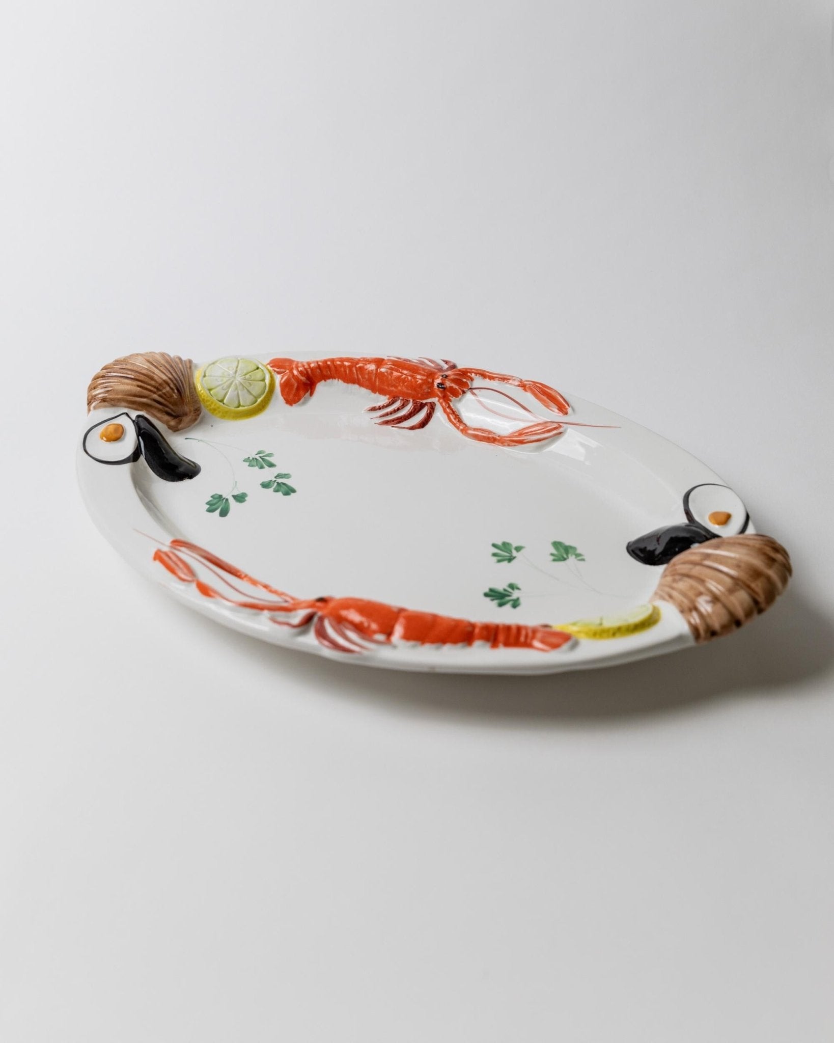 XL Oval Vintage Ceramic Seafood Plate - White with Relief of Seafood - Design by Siro Italy 1980s - Stylish Table Decoration, Gift Idea_Bottega Jacobs