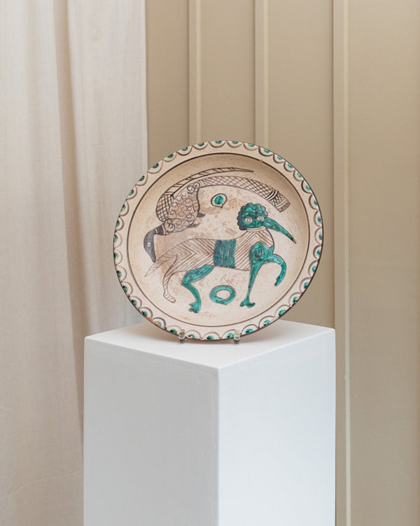 XL vintage wall plate ceramic - hand - painted plate Pisan motif fantasy animals - Italy 1960s - Bottega Jacobs