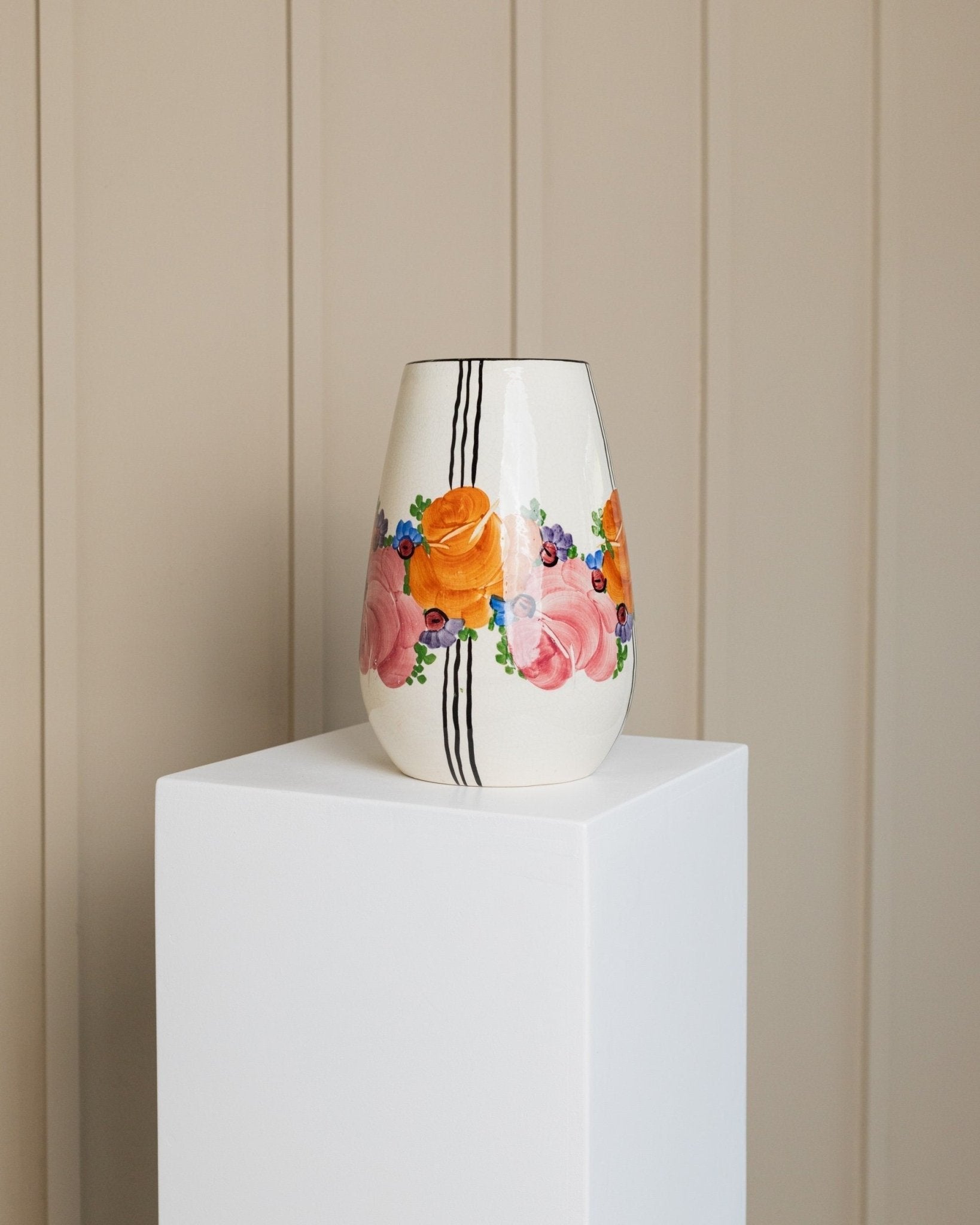 XL Zeh Scherzer ceramic vase - flowers and stripes motif - bulbous shape - hand - painted - Mid Century Design 70s - Bottega Jacobs