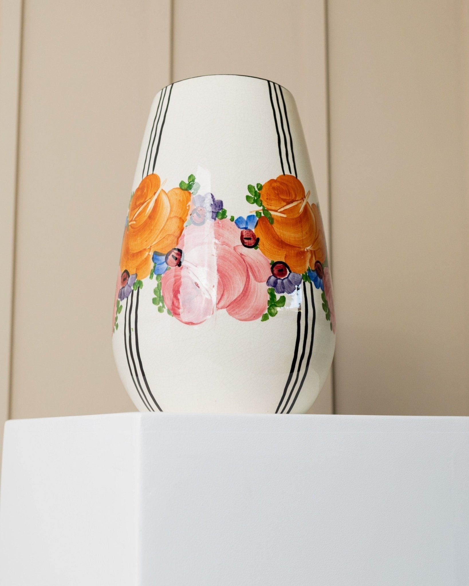 XL Zeh Scherzer ceramic vase - flowers and stripes motif - bulbous shape - hand - painted - Mid Century Design 70s - Bottega Jacobs
