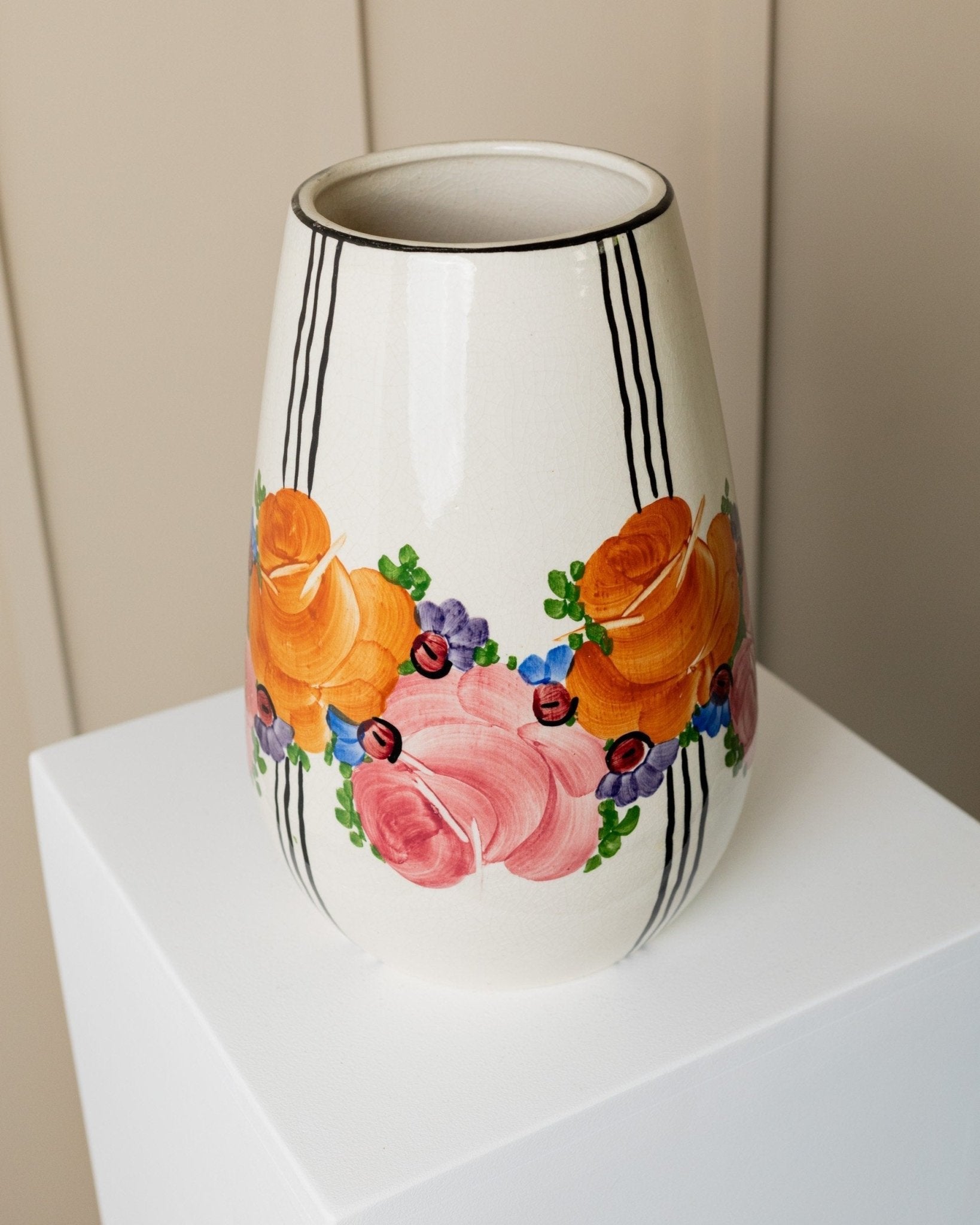 XL Zeh Scherzer ceramic vase - flowers and stripes motif - bulbous shape - hand - painted - Mid Century Design 70s - Bottega Jacobs