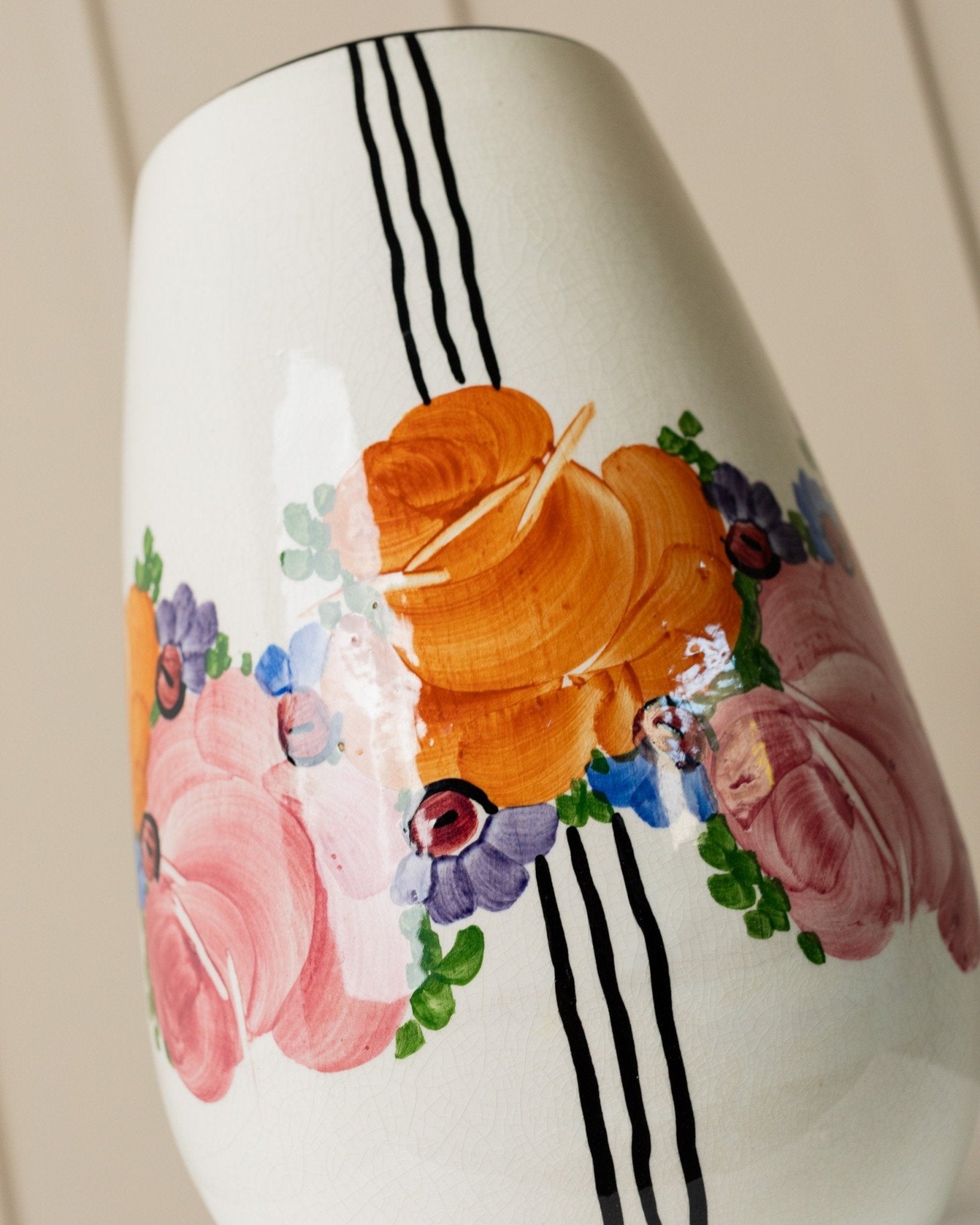 XL Zeh Scherzer ceramic vase - flowers and stripes motif - bulbous shape - hand - painted - Mid Century Design 70s - Bottega Jacobs