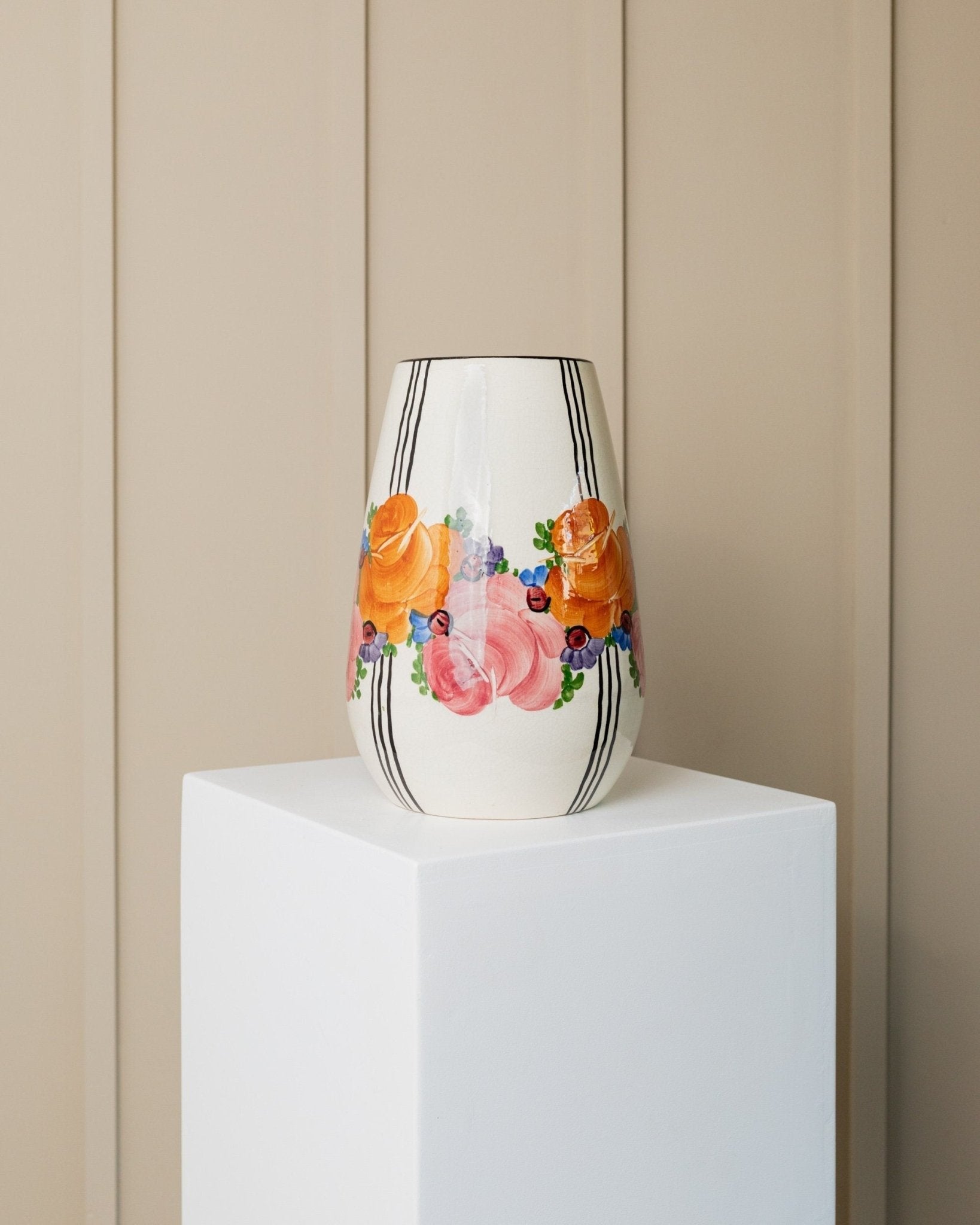 XL Zeh Scherzer ceramic vase - flowers and stripes motif - bulbous shape - hand - painted - Mid Century Design 70s - Bottega Jacobs