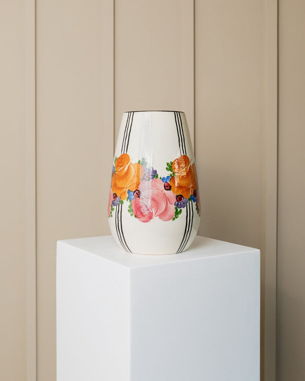 XL Zeh Scherzer ceramic vase - flowers and stripes motif - bulbous shape - hand - painted - Mid Century Design 70s - Bottega Jacobs