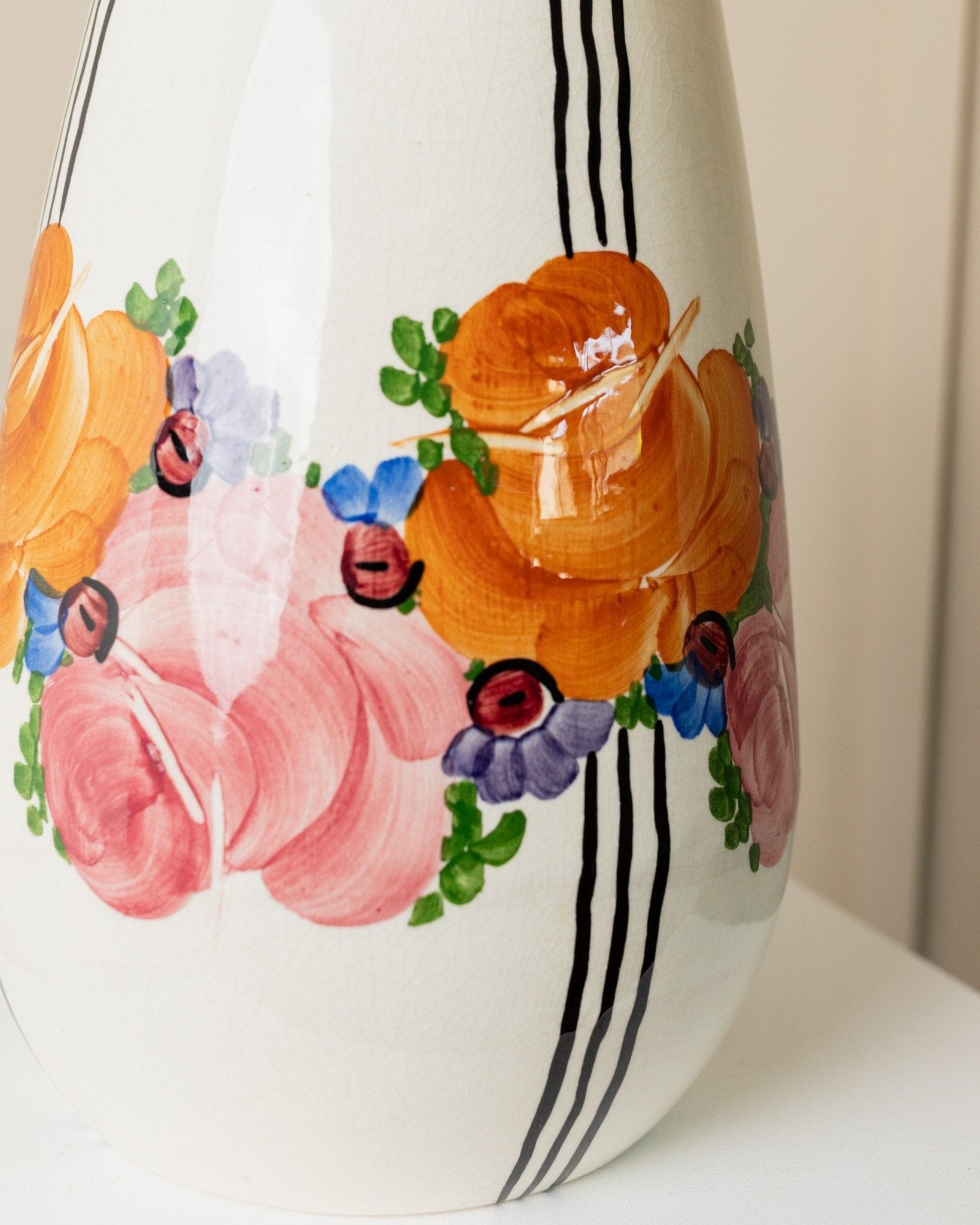 XL Zeh Scherzer ceramic vase - flowers and stripes motif - bulbous shape - hand - painted - Mid Century Design 70s - Bottega Jacobs