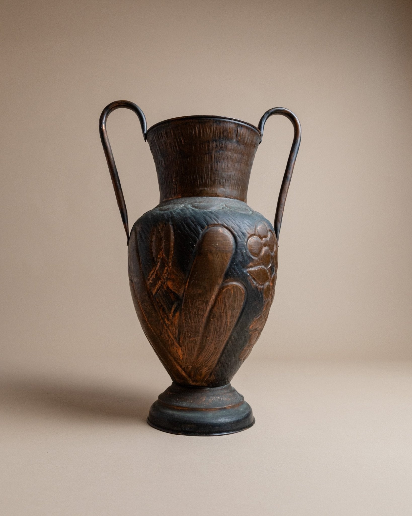 XXL vintage copper vase, amphora with relief - design Italy 1960s