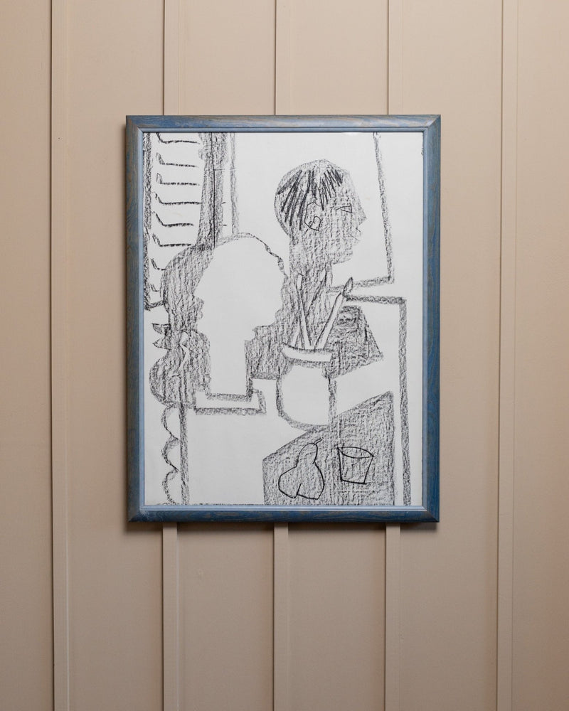 XXL vintage drawing single piece - charcoal on paper - blue wooden frame - abstract art - Italy 1990s - Bottega Jacobs