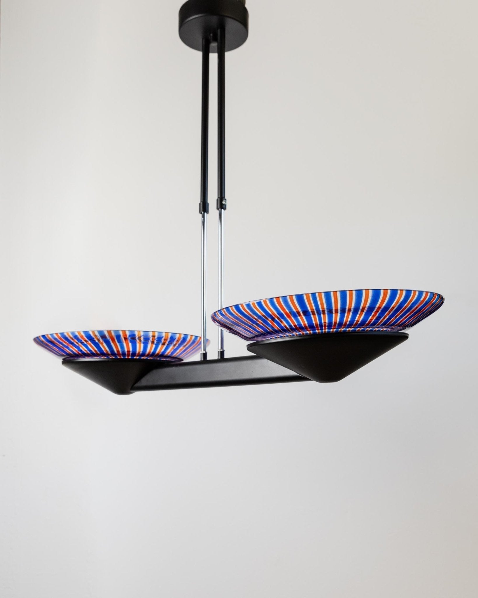 XXL Vintage Murano Glass Chandelier - Blue and Red Striped Glass, Black Metal - Italy Memphis Style 1980s - Decorative Ceiling Light, Gift_Bottega Jacobs