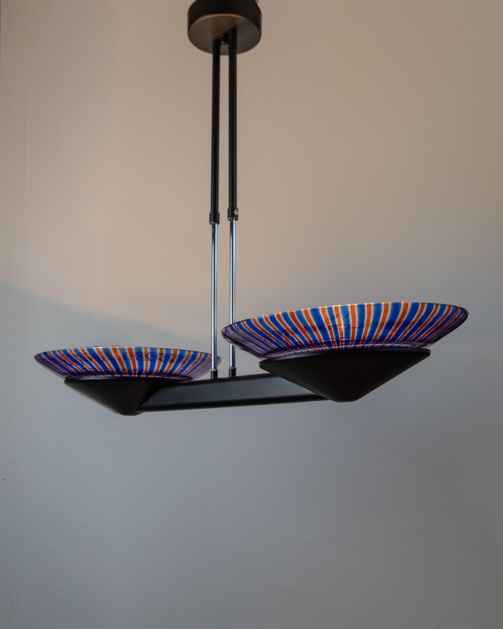 XXL Vintage Murano Glass Chandelier - Blue and Red Striped Glass, Black Metal - Italy Memphis Style 1980s - Decorative Ceiling Light, Gift_Bottega Jacobs