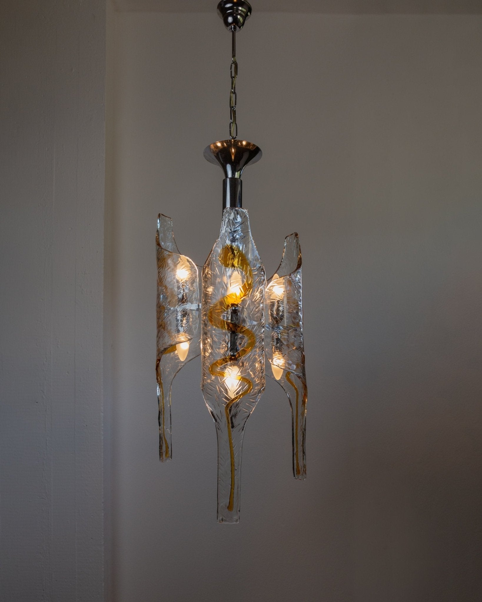 XXL vintage Murano glass chandelier by Toni Zuccheri for Mazzega - Italy 1970s - clear, amber - coloured glass, chrome - MCM ceiling lamp - Bottega Jacobs