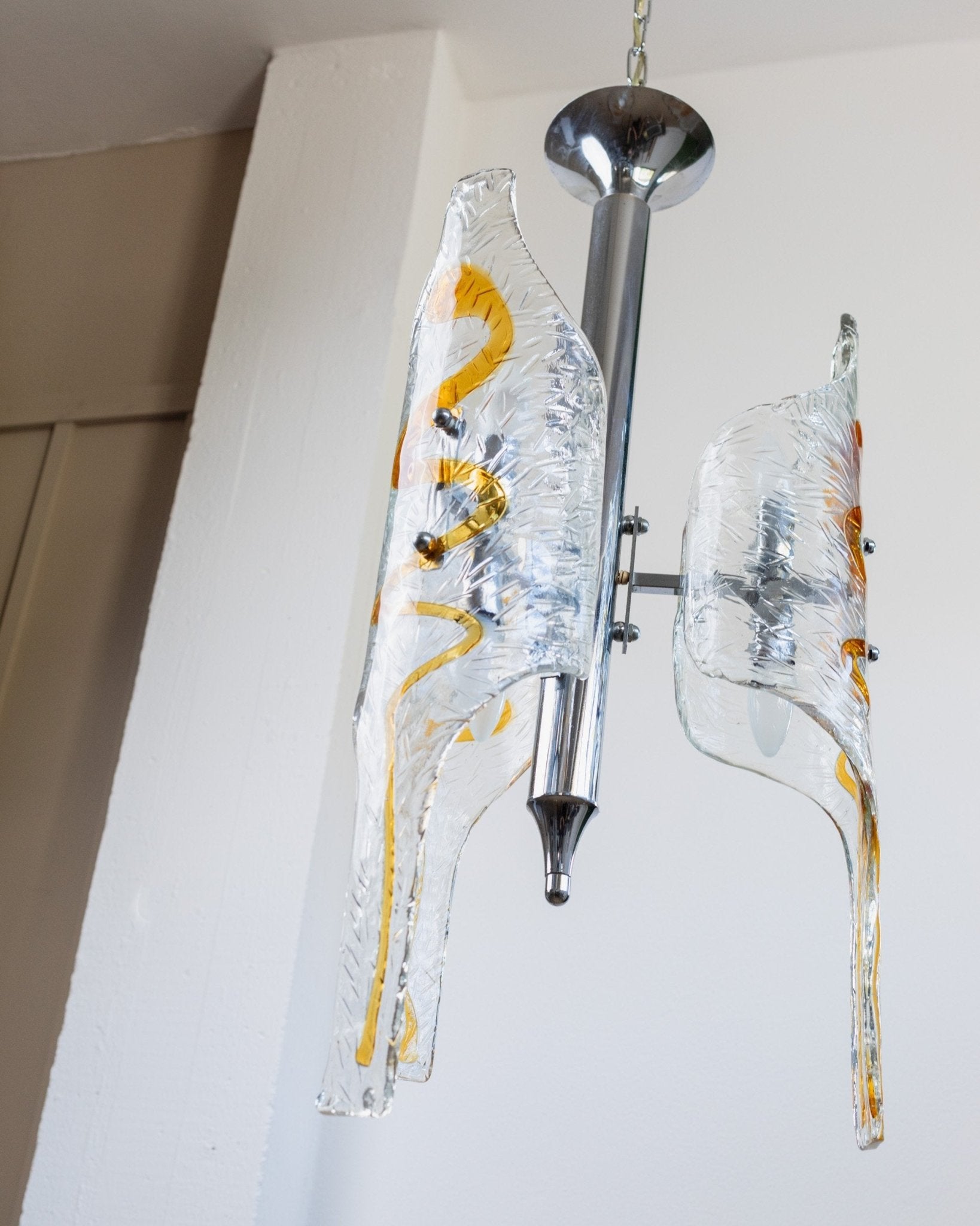 XXL vintage Murano glass chandelier by Toni Zuccheri for Mazzega - Italy 1970s - clear, amber - coloured glass, chrome - MCM ceiling lamp - Bottega Jacobs