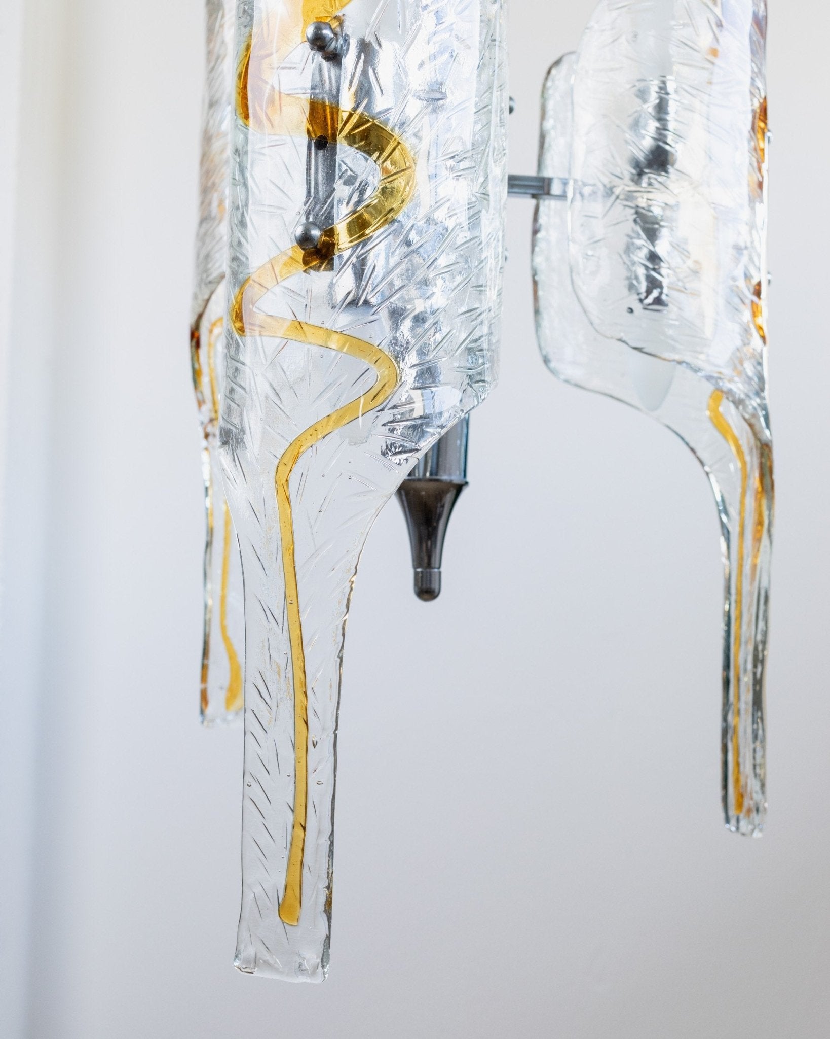 XXL vintage Murano glass chandelier by Toni Zuccheri for Mazzega - Italy 1970s - clear, amber - coloured glass, chrome - MCM ceiling lamp - Bottega Jacobs