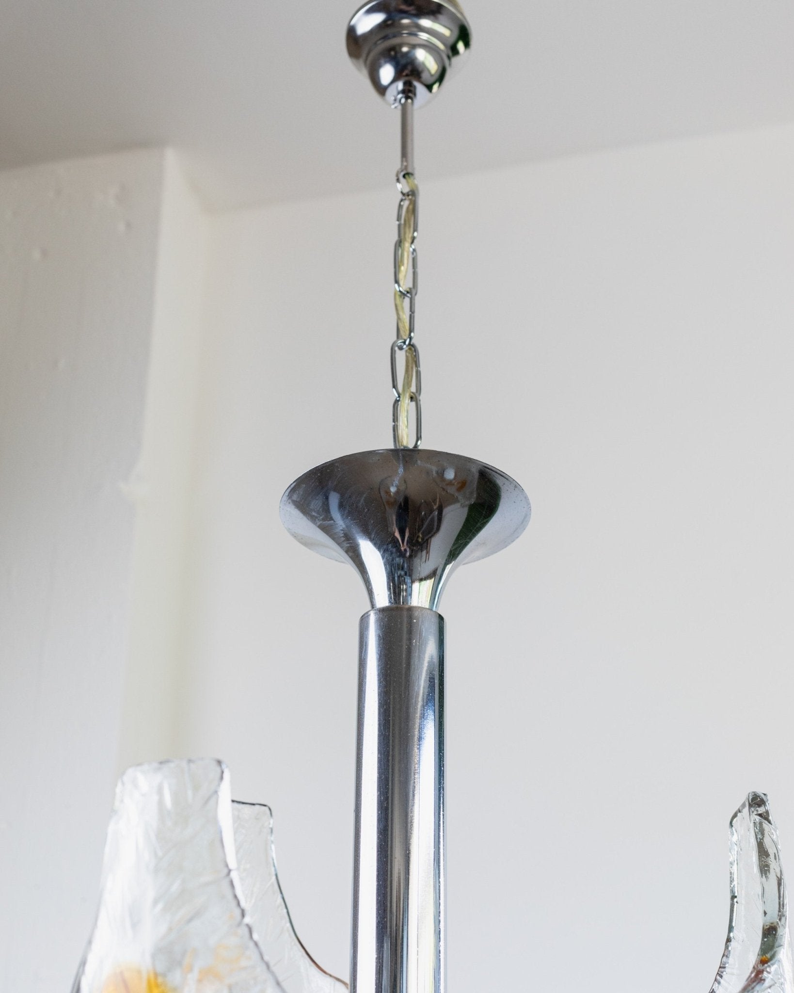 XXL vintage Murano glass chandelier by Toni Zuccheri for Mazzega - Italy 1970s - clear, amber - coloured glass, chrome - MCM ceiling lamp - Bottega Jacobs