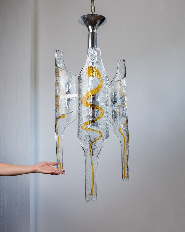 XXL vintage Murano glass chandelier by Toni Zuccheri for Mazzega - Italy 1970s - clear, amber - coloured glass, chrome - MCM ceiling lamp - Bottega Jacobs